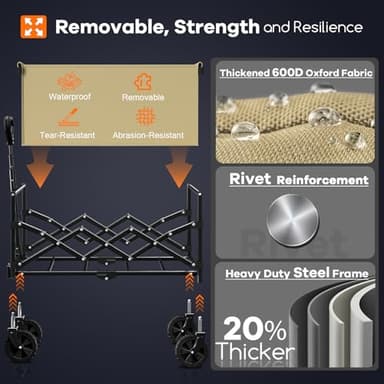 Originsure Collapsible Wagon Cart Foldable - Lightweight Portable Heavy Duty Folding Beach Wagons with Wheels - Outdoor Utility Carts for Grocery, Camping, Shopping, Sports with Large Capacity - Khaki - Image 7