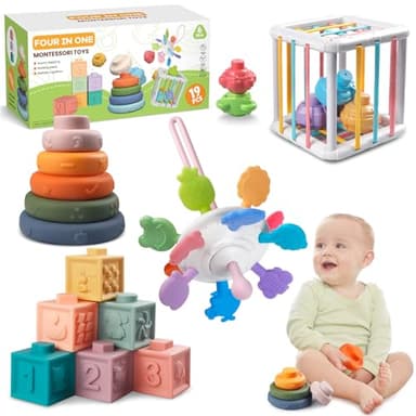 Wuzhineisn Montessori Baby Toys for Ages 6-18 Months - Pull String Teether, Stacking Blocks, Sensory Shapes Storage Bin, Infant Bath Time Fun, 4 in 1 Toddlers Toy Gifts for 1 2 3 Year Old Boys Girls - Image 1