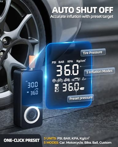 Cordless Tire Inflator Portable Air Compressor, Smart Air Pump for Car Tire with Digital Pressure Gauge, LED Light, 12V Car Power Adapter, Storage Box, Car, Motorcycle, Ball, BikePump - Image 3