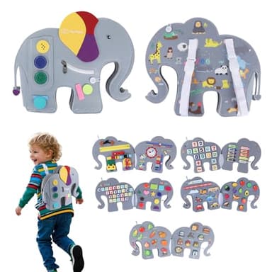 Heypappy Busy Board, 12 in 1 Educational Busy Book Learning Sensory Toys for Toddlers with Fine Motor Skills, Busy Book Toys with Backpack Strap, Elephant Shape - Image 1