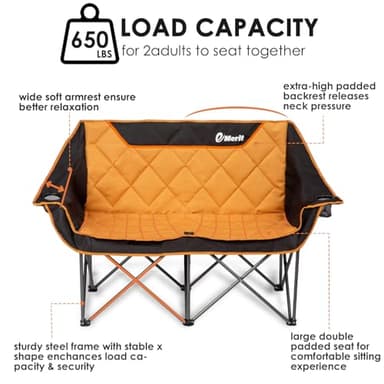 EMERIT Oversized Double Duo Camping Chair Folding Camping Loveseat 2 Person Camping Couch Heavy Duty Lawn Chairs for Outside with Padded Seats & Armrests-Support 650LBS - Image 4