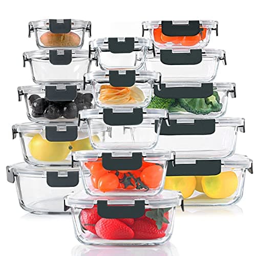 KOMUEE 30 Pieces Glass Food Storage Containers Set, Glass Meal Prep Containers Set with Snap Locking Lids, Airtight lunch Containers for Microwave, Oven, Freezer & Dishwasher,Gray - Image 1