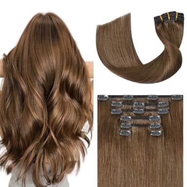 UGOTRAYS Light Brown Hair Extensions Clip in Human Hair 20 Inch 120g 7pcs Remy Hair Silky Straight 16clips One Pack for Women #6 Chestnut Brown Hair Extensions - Image 1