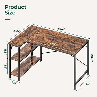 Huuger 47 Inches L Shaped Desk, Computer Desk with Reversible Storage Shelves, for Gaming Corner Home Office Writing Study, Metal Frame, Rustic Brown - Image 3