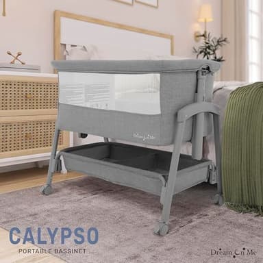 Dream On Me Calypso Portable Bassinet with Wheels in Grey, Quick & Easy Folding, Seven Adjustable Height, Machine Washable Fabric, Portable and Packable Bedside Bassinet - Image 2