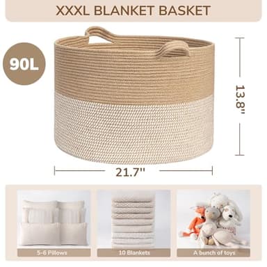 INDRESSME Extra Large Woven Baskets for Storage, 21.7'' x 13.8'' Wicker Basket with Handle for Blankets, Big Laundry Baskets for Clothes, Pillows, Towel, Shoe Basket for Entryway, 90L White Jute - Image 3
