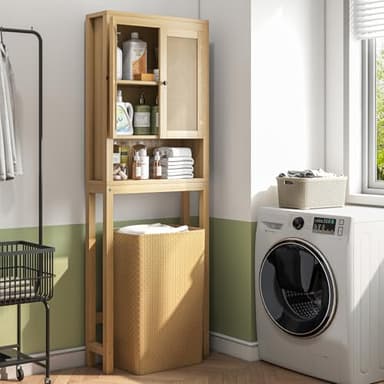 knoworld Rattan Over The Toilet Storage Cabinet, Above Toilet Bathroom Organizer with Adjustable Shelf, Behind Toilet Cabinet, Space Saver for Restroom, Bathroom, Laundry, Wood Rack, Natural - Image 4