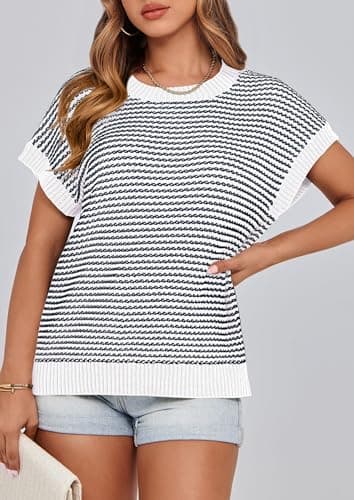 PRETTYGARDEN Womens Short Sleeve Sweater Spring Summer 2025 Round Neck Striped Pullover Cap Sleeve Knit Sweater Vest Tops(Striped White Navy,Small) - Image 7
