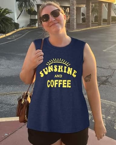 Tank Tops for Women Summer Sunshine and Coffee Graphic T-Shirts Sleeveless Casual Ladies Loose Tunic Blouse(Sunshine Deep Blue, L) - Image 3