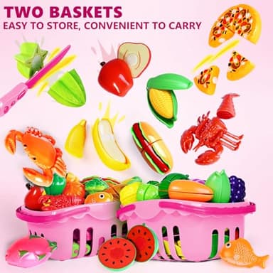 100 Pcs Play Food Set for Kids Kitchen, Pretend Food Toy for Toddlers, Play Kitchen Toys Accessories with 2 Baskets, Cutting Fake Food/Fruit/Vegetable, Christmas Birthday Gifts for Boys and Girls - Image 3