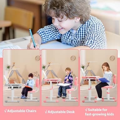 Rengue Kids Desk and Chair Set, Height Adjustable Children School Functional Study Desk with 55° Tiltable Desktop, 3 Modes & Brightness LED Light, Storage Drawer & Metal Hook for Boys Girls (Pink - Image 4