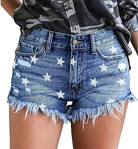 onlypuff Flag Shorts Women Ripped Jean Shorts Frayed Mid Waist Denim Shorts Cute Jeans M - Image 1