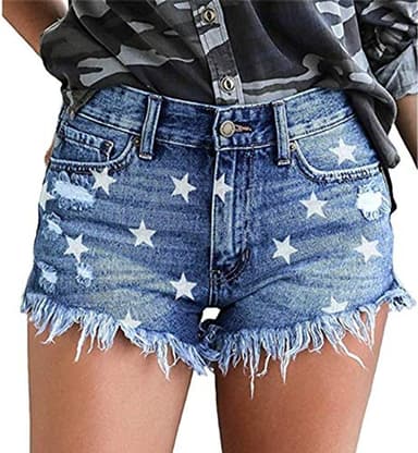 onlypuff Flag Shorts Women Ripped Jean Shorts Frayed Mid Waist Denim Shorts Cute Jeans M - Image 1