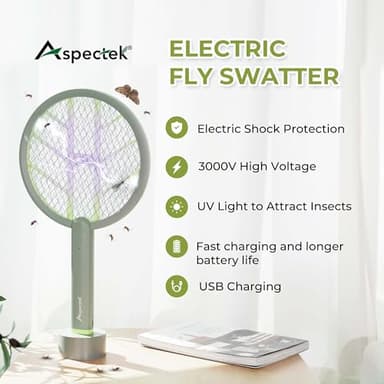 Aspectek 3000V Electric Fly Swatter for Indoor and Outdoor Use, Portable, Rechargeable Bug Zapper Racket with Improved Battery Life, USB Charging Cable, Wall Bracket, White -Green - Image 2
