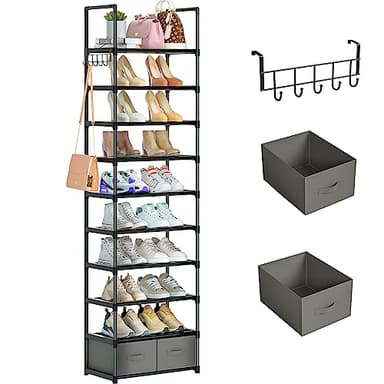 OYREL Tall Shoe Rack Narrow 10 Tier Shoes Rack 20 25 Pairs, Shoe Storage Organizer for Closet, Sturdy Metal Shoe Shelf Shoe Stand with 2 Boxes 1 Hook - Image 1