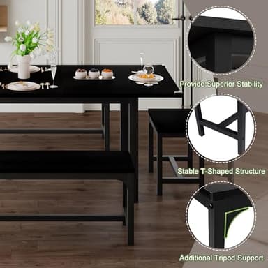 Feonase 5-Piece Dining Table Set for 4-8 People, 63" Large Extendable Kitchen Table Set with 2 Benches and 2 Square Stools, Dining Room Table with MDF Wood Board, Easy Assembly, Black - Image 6