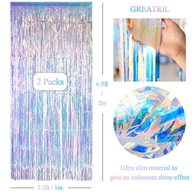 Iridescent Party Streamers Backdrop - GREATRIL Neon Transparent Holographic Tinsel Foil Fringe Curtain for Mermaid/Frozen/Sea/Euphoria/ERAS Party Theme Decorations 3.2ft x 6.5ft 2 PCS - Image 4