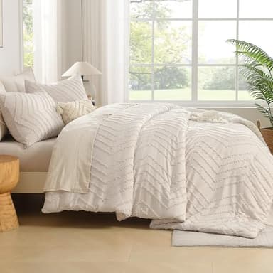 Andency King Size Comforter Set Beige, Boho Cream Soft Warm Tufted Neutral Bedding Comforter Sets for King Size Bed, 3 Pieces Aesthetic Chevron Farmhouse Cute Bohemian Textured Bedding Set - Image 6