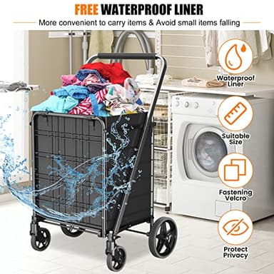 [Upgrade] Shopping Cart for Groceries, 280 LBS Large Grocery Cart with Waterproof Liner, 360° Rolling Swivel Wheels, Heavy Duty Utility Cart Folding Shopping Carts for Laundry Luggage Gift - Image 4