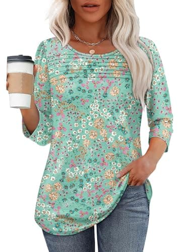 Summer Shirts for Women Oversized Tshirts Pleated Front 3/4 Length Sleeves Fashion Trendy Blouses Cute Plus Size Tops Floral Green 2XL - Image 2