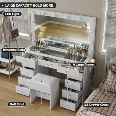 White Vanity Desk with Illuminated Mirror & Power Outlet, 11 Drawers Vanity Table with Chair, Makeup Vanity with 12 LED Lights, Tempered Glass Top, Dressing Table for Bedroom,Dressing Room - Image 4