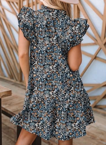 Dokotoo Summer Dresses for Women 2025 Boho Floral Drawstring V Neck Ruffle Short Sleeve A Line Bohemian Spring Fashion Short Flowy Hawaiian Mini Babydoll Dress Vacation Sundresses Multicolor XX-Large - Image 2