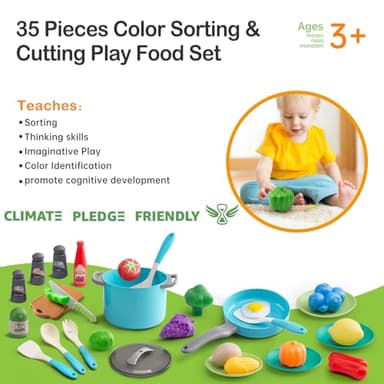 35Pcs Kids Kitchen Toy Accessories, Toddler Pretend Cooking Playset with Play Pots, Pans, Utensils, Cookware, Play Food Set, Toy Vegetables, Learning Gift for Girls & Boys (Blue) - Image 7