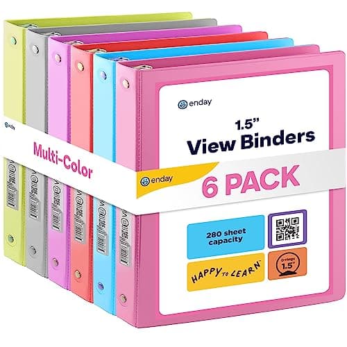 3 Ring Binder, 1.5 Inch Clear View Cover with 2 Inside Pockets Binder, Colored School Supplies 1 ½ Inch Round Ring Binders, in Pink, Red, Blue, Purple, Green, and Grey, Multicolor (6 PC) – by Enday - Image 1