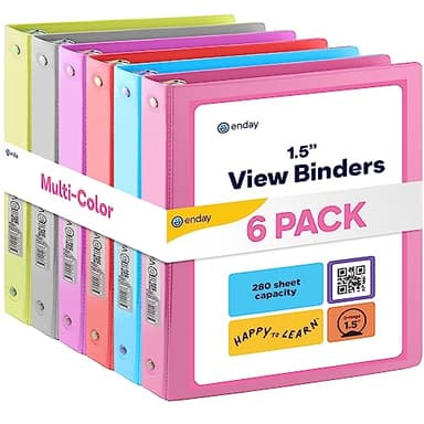 3 Ring Binder, 1.5 Inch Clear View Cover with 2 Inside Pockets Binder, Colored School Supplies 1 ½ Inch Round Ring Binders, in Pink, Red, Blue, Purple, Green, and Grey, Multicolor (6 PC) – by Enday - Image 1