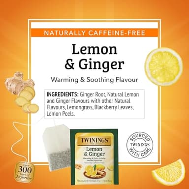 Twinings Lemon & Ginger Herbal Tea Individually Wrapped Bags, 100 Count (Pack of 1), Tangy Lemon, Spicy Ginger, Naturally Caffeine-Free, Enjoy Hot or Iced, 100 Teabags - Image 4