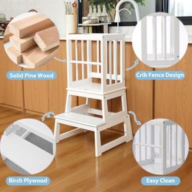 Kids Kitchen Step Stool, Ideal Toddler Learning Standing Tower, 2025 New Upgrade with an Anti-tip Structure and Anti-Drop Safety Bar, More Stable and Safer - White - Image 6