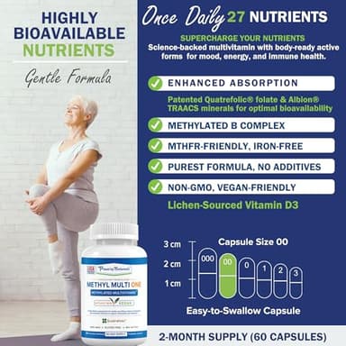 Power By Naturals Methyl Multi One - Iron-Free Methylated Multivitamin with Quatrefolic 5-MTHF, Active B12, P5P, CoQ10 & Zinc for MTHFR Support - Energy & Focus Formula - 60 Capsules (2-Month Supply) - Image 3