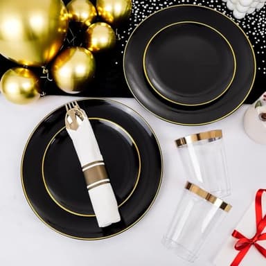 KIRE 350 PCS Plastic Dinnerware Set for 50 Guests - Black and Gold Plates 50 for Dinner 50 for Dessert & 50 Pre Rolled Napkins with Disposable Silverware 50 Cups for Halloween Party/Banquet/Wedding - Image 2