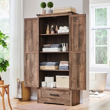 Farmhouse Kitchen Pantry Cabinet - 72" Tall Wood Kitchen Storage Cabinets with Adjustable Shelves & 2 Barn Doors & Drawer, Versatile Storage for Dining Room, Bathroom, Utility Room, Light Brown - Image 9