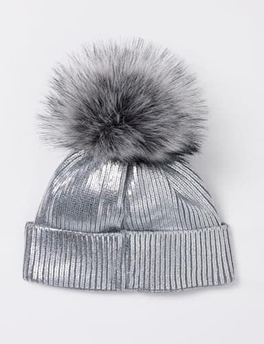 The Drop Women's Holly Faux Fur Pom Pom Beanie, Silver, One Size - Image 2