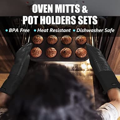 Rorecay 6pcs Oven Mitts and Pot Holders Sets Heat Resistant 500 Degrees, Extra Long and Non-Slip Silicone Oven Gloves Potholders Hot Pads for Kitchen Baking Cooking, Quilted Liner, Black - Image 2