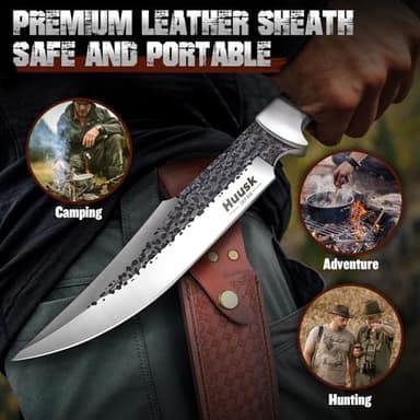 Huusk Fixed Blade Bowie Knife - 8" Hunting Knife with Sheath, Full Tang Survival Knives with Ergonomic Wood Handle, Outdoor Bushcraft Knives for Camping Hiking Fishing BBQ, Father's Day Gifts Box - Image 6