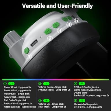 Wireless Gaming Headset with Noise Canceling Microphone for PC, PS5, PS4, Switch, Mac，2.4 GHz Wireless & Bluetooth 5.4 Gaming Headphones, Cool RGB Lighting, 40Hr Battery, 50mm Drivers-White - Image 8