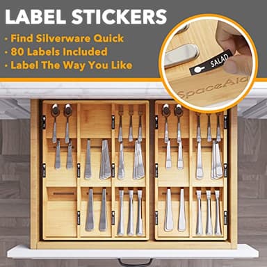 SpaceAid Bamboo Silverware Drawer Organizer with Labels, Kitchen Utensil Tray Holder Organizer for Flatware, Cutlery, Spoon and Knives Drawer Storage Organization (Natural, 6 Slots) - Image 3