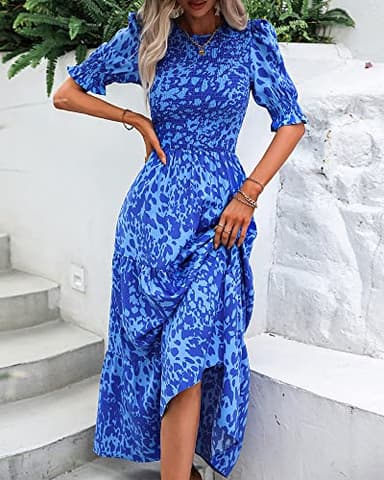 BTFBM Women Casual Summer Dresses 2025 Spring Crew Neck Ruffle Short Sleeve Floral Print Smocked Boho Flowy Maxi Dress(Print Blue, Large) - Image 3