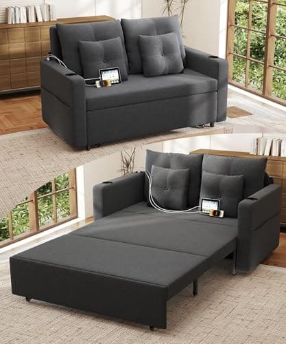 Krcix 3 in 1 Sofa Bed, 56 Inch Convertible Pull Out Couch, Loveseat Sleeper Sofa with Cup Holders, USB, Sofa Couches for Living Room, Bedroom, Apartment, Dark Grey - Image 1