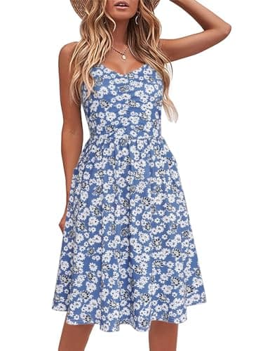 YATHON Blue and White Floral Dresses for Women 2025 Summer Fit and Flare Dresses for Women with Pockets Beach Wacation Sundress(YT090-Blue White F 03,L) - Image 1