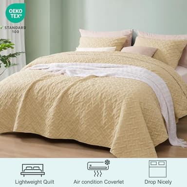 PHF Quilt Bedding Set King Size - Lightweight Summer Bedspread, 3PCS Soft Breathable Geometric Pattern Bedding Coverlet for All Season, Drop Nicely Quilt 106" x 96"with 2 Pillow Shams, Beige - Image 2