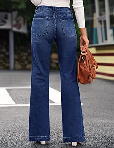 GRAPENT Womens Plus Size Stretch High Waisted Flare Ripped Jeans, 70s Outfits, Jeans Size 12, Wide Leg Pants Color Deep Blue, Size 14. - Image 3