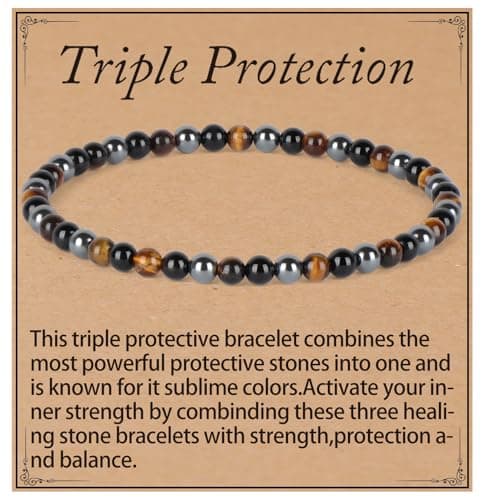 QOGIR Triple Protection Bracelet - Onyx Hematite Tiger Bracelet for Women Men - Handmade Natural Gem Stone Beaded Stretch Elastic Healing Bracelets 4mm - Image 1