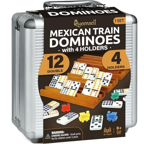 Mexican Train Dominoes Set with 4 Holders - Dominoes Double 12 with Wooden Hub and Tiles Holders - Double 12 Dominos Set for Family Game Night for Adults and Kids Ages 8 and up (D12 + 4 Holders) - Image 1