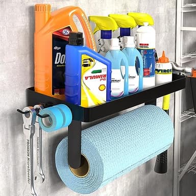 ZUNTO Garage Paper Towel Holder with Shelf, Black Stainless Steel Paper Towel Rack with Hooks, Wall Mount Paper Towel Holder for Kitchen, Garage Organization and Storage - Image 1