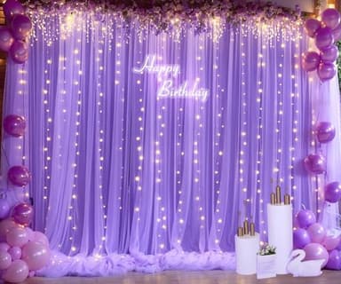 Purple Backdrop Curtains with Lights String for Wedding Birthday Party 10ft×10ft Sheer Tulle Backdrop Curtain for Bridal Shower Baby Shower Photo Shoot Background Wall Decorations 2 Panels 5×10ft - Image 2