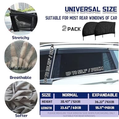 Car Rear Window Screens for Side Windows, 2 Pack Side Window Sun Shades,Stretchy Mosquito Net Cover Fit Cars SUVs - Up to 36.22”x55.1” - Image 2