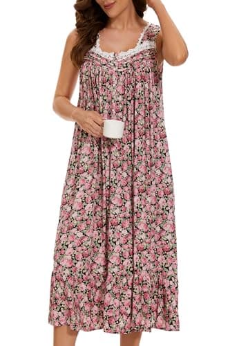 AVIIER Cotton Nightgowns for Women Sleeveless House Dress Ladies Long Nightdress with Pockets (Black Rose, Large)… - Image 2